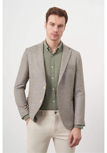 Morven Erkek Dokuma Slim Fit Torba Cep Mono Yaka Spor Ceket 2002 Bej