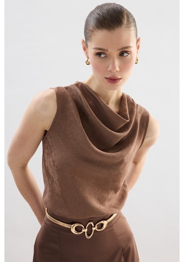 Sateen Degaje Yaka Bluz - Vizon-136756 VİZON