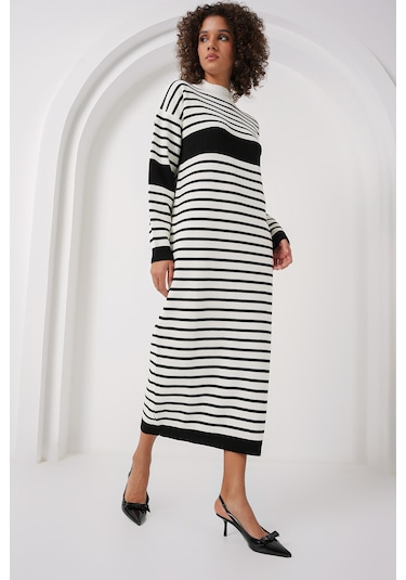 Bigdart 15898 Çizgili Uzun Triko Elbise - D. Siyah