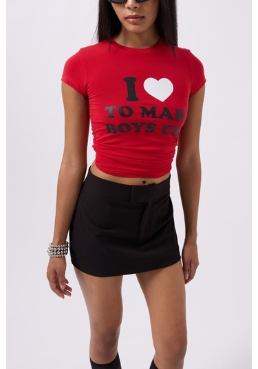 Nakış Detay Baskılı Crop T-shirt Antrasit Melanj