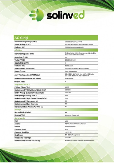 Solinved 5.0 Kw Mppt Off-grıd Inverter 5000w, 48v/ 120-450vdc, Slv-5000-48