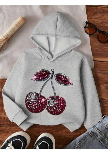 Kışlık Kapüşonlu Sweatshirt, Çocuk Pırlanta Kiraz Baskılı Gri