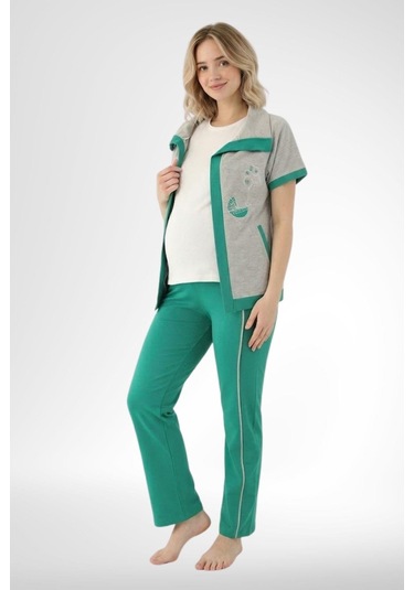 Mecit Pijama Mecit 6352 Yeşil 3'lü Hamile Lohusa Pijama Takımı
