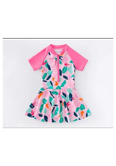 Kız Çocuk Etekli Şortlu Pembe Mor Renkli Önü Fermuarlı Mayo. Pembe