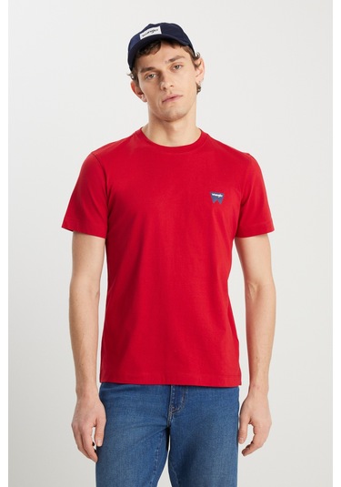 %100 Pamuk Regular Fit Normal Kesim Bisiklet Yaka Minimal Logo Kırmızı Tişört Scarlet Red