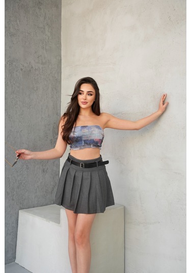 Kadın Pileli Gizli Fermuarlı Kemerli Şortlu Mini Etek Antrasit