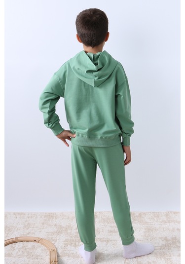 Erkek Çocuk Kapşonlu Eşofman Takımı 4 Mevsim Wolf Baskılı Ribanalı F12 Yeşil