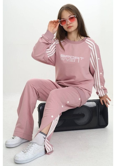 Unisex Çocuk 2 İplik Çıtçıtlı Alt&üst Eşofman Takımı %100 Pamuk Rahat Kalıp-299-eşt-0006 Pudra