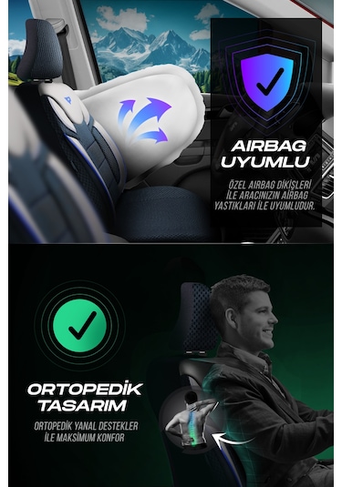Lacivert - Siyah Panda Dragon Serisi Dokuma Kumaş Oto Koltuk Kılıfı - Tam Set