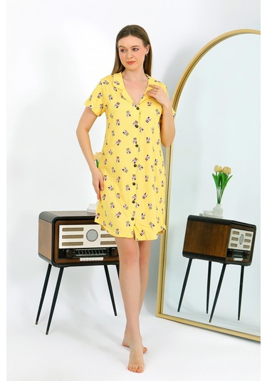 Akbeniz Kadın Pamuk Penye Kısa Kol Düğmeli Sarı Tunik Gecelik 13112 Sarı