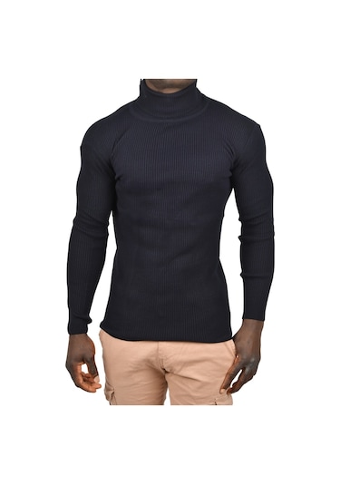 Deepsea Erkek Lacivert İnce Fitilli Tam Boğazlı Balıkçı Yaka Tüylenmeyen Triko Kazak 2505498 Lacivert