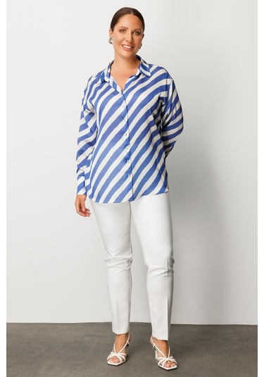 Moda İlgi Kadın Büyük Beden Verevli Klasik Saten Gömlek 0002 Saks Saks