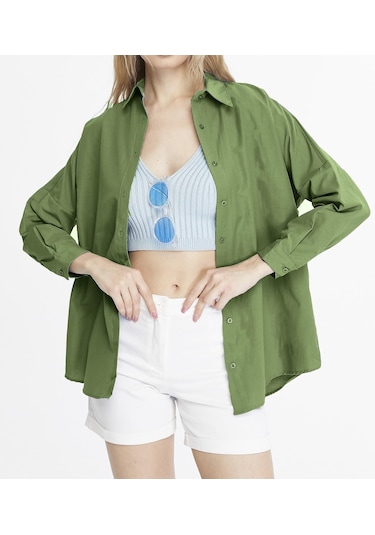 Kadın Oversize Uzun Basic Gömlek - Haki