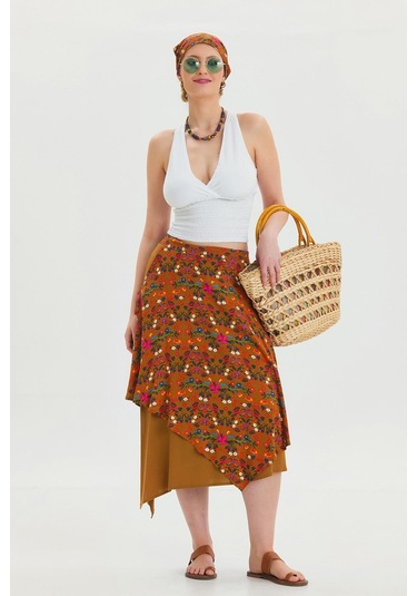 Bağlama Detaylı Beli Lastikli Salaş Etek Hardal