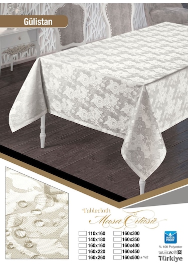 Gülistan Çiçek Desen Leke Tutmaz Yemek Masa Örtüsü 160x220cm Krem
