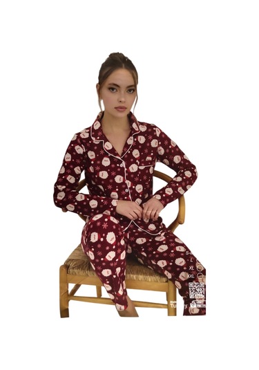 Çağrı Kadın Kışlık Süet Uzun Kollu Önü Düğmeli Yumuşak Dokulu Pijama Takımı Bordo