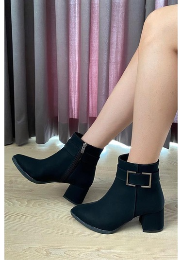 Kadın Siyah Zümrüt 6 Cm Topuklu Sivri Burun Bot Siyah
