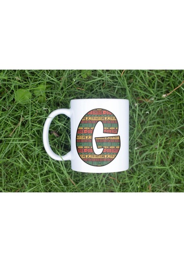 G Harfi Etnik Desenli Kupa - Afrika Tarzı Kahve Çay Kupası - Hediyelik - Black History Beyaz