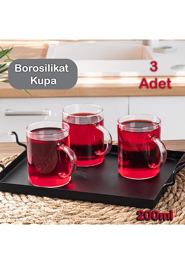 Porsima 6080 3lü Borosilikat Cam Kulplu Çay Bardağı Çay Kupası