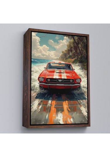 Ahşap Çerçeveli Kırmızı Mustang Tablo-7910
