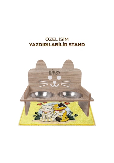 Gobypet Ahşap Özel İsim Baskılı Kulaklı Kedi Mama Su Kabı Standı