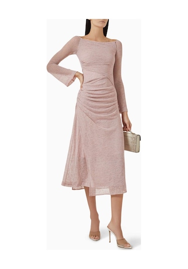 Eegen Studio Boat - Neck Midi Elbise - Rib - Knit, Uzun Kol & Toplanmış Bel Pembe