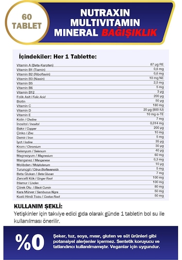 Nutraxin Multivitamin Mineral Immune Complex 60 Tbl - Magnezyum, C, D, Zinc, Demir, B12, Kolin, İyot