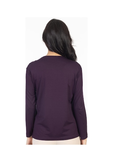 Yeni Model 2024 Nakış İşlemeli Yuvarlak Yaka Likralı Anne Penye Bluz 6450-mürdüm