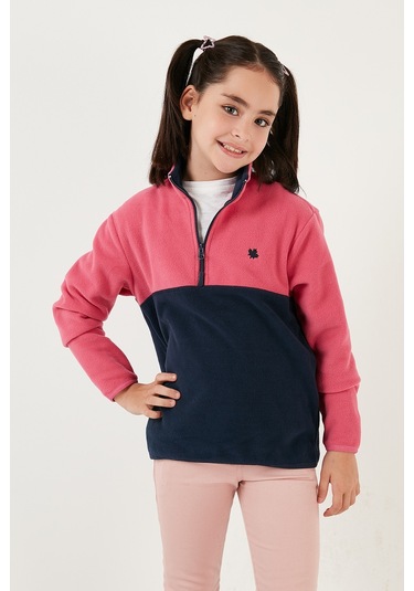Lela Yumuşak Dokulu Yarım Fermuarlı Renk Bloklu Dik Yaka Unisex Çocuk Polar 5905004 Fuşya-Lacivert