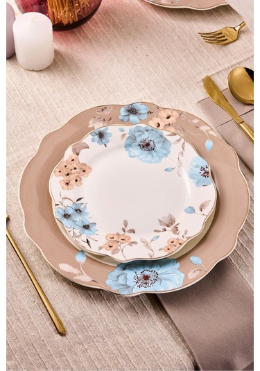 Porselen Flore Bone 24 Parça 6 Kişilik Yemek Takımı Desenlı Desenli