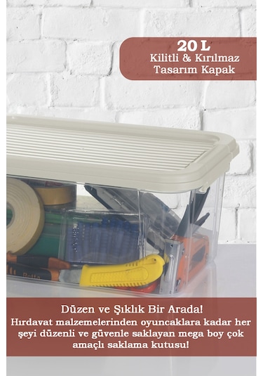3'lü 20l Multibox Saklama Kabı Kilitli Kapaklı Çok Amaçlı Düzenleyici Kiler Depolama Saklama Kutusu Bej