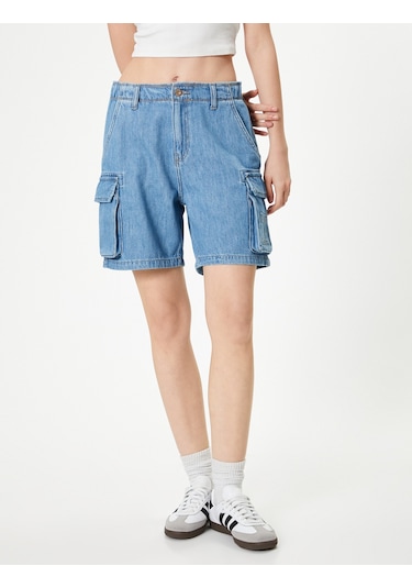 Koton Denim Kargo Bermuda Şort Cepli Standart Bel Orta İndigo 4sal40313md İndigo