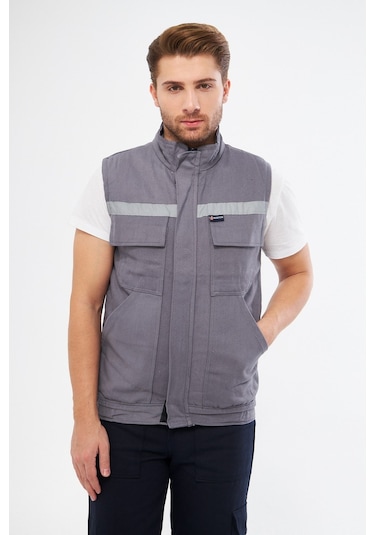 Orange Safety Gri Yelek 7/7 Gabardin %100 Pamuk Kapitoneli Reflek Gri