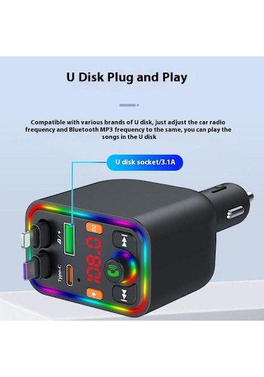 Y6 Geri Çekilebilir Kablo Eq Ayarı Bluetooth Fm Verici Araç Şarj Cihazı Mp3 Çalar