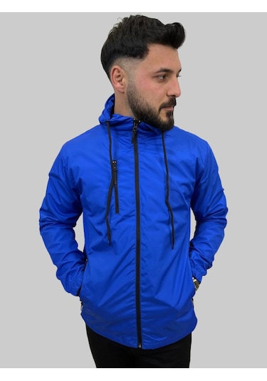 Erkek Kapüşonlu File Detaylı Saks Mavisi Yağmurluk Saks Mavisi Saks