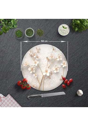 Cam Kesme Tablası - Cam Kesme Tahtası Beyaz Çiçek Çap32cm