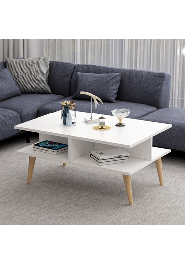 Dekorosso Poloo Ahşap Ayaklı Modern Dekoratif Orta Sehpa Beyaz