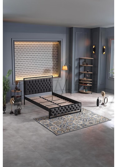 Mithra Çift Kişilik Metal Siyah Ahşap Latalı Karyola