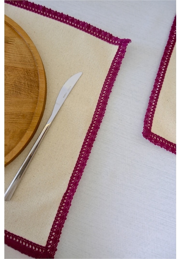 Yakacihome 4'lü Terra Duck Keten Fisto Dantel Biyeli Otantik Supla Amerikan Servis 35x50 Cm Bordo - Krem