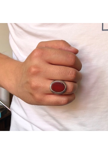 Örgü Tasarım Düz Kesim Akik Taşlı Gümüş Erkek Yüzük