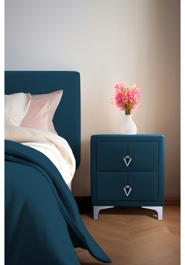 Harmony Silver Iki Çekmeceli Komodin- Yatak Odası Kumaş Döşemeli 2 Kapaklı Komodin Modeli Mavi
