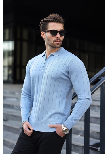 Mavi Polo Yaka Fermuarlı Örme Kazak 7242 Mavi