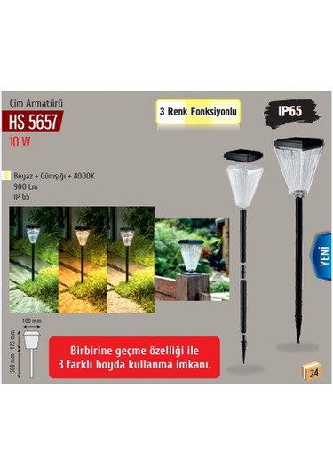 Helıos 10w 3renk Beyaz+4000k+günışığı Kazıklı Solar Bahçe Armatur Hs-5657