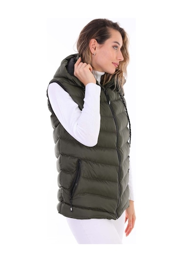 Euromoda Everest Kadın Jel Dolgu Kapüşonlu Şişme Yelek Haki
