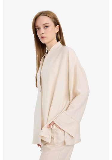Defacto Relax Fit Krinkıl Kumaş Uzun Kollu Kimono Tunik E1109ax25smbg74 Bej