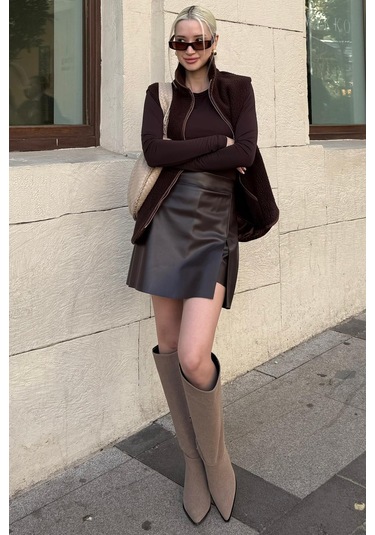 Acı Kahverengi Mini Boy Kadın Deri Etek Mg2298 Acı Kahverengi
