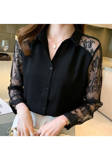 Moda Hollow Polo Yaka Üst Hırka Bluz Sonbahar Yaka Dantel Dikiş Şifon Gömlek Kadın Zarif Taban Bluzlar Kadın 16623 Siyah