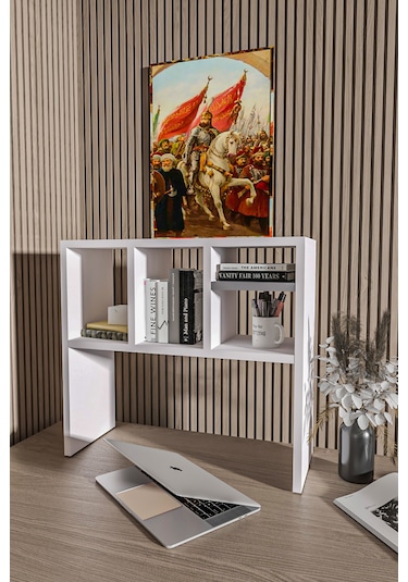 Masaüstü Kitaplık,monitör Standı Raflı,80cm,portatif Minifix Kurulum Beyaz