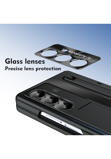 Samsung Galaxy Uyumlu Z Fold7 5g Kılıf Destekli Menteşeli Pc Telefon Kılıfı Temperli Cam Filmi Ve Kalem - Siyah Siyah