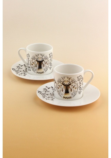 Christmas Deer İki Kişilik Porselen Kahve Fincan Takımı Beyaz